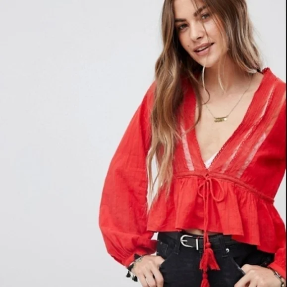 free PEOPLE oberoi red deep v neck boho blouse - Picture 3 of 11
